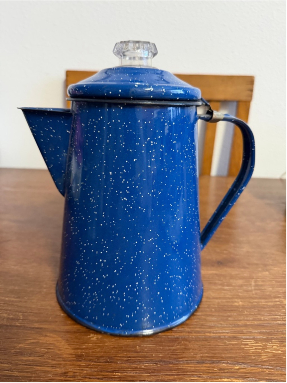 Vintage Blue Speckled Enamel Coffee Percolator Pot Complete Camping Farmhouse